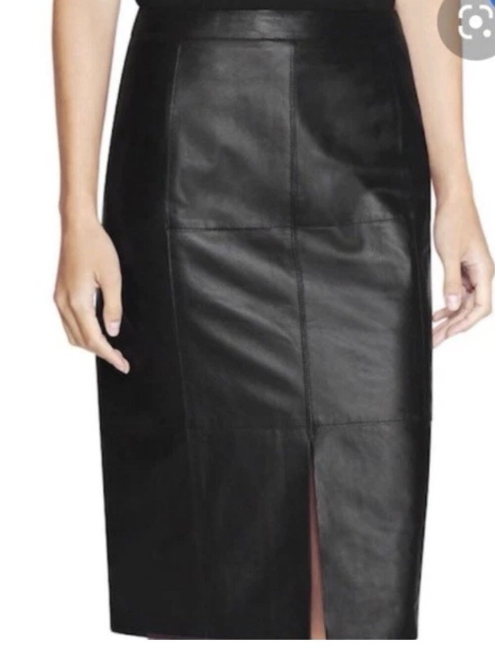 White House Black Market Black Genuine Leather Midi Pencil Skirt size 12 $300.00